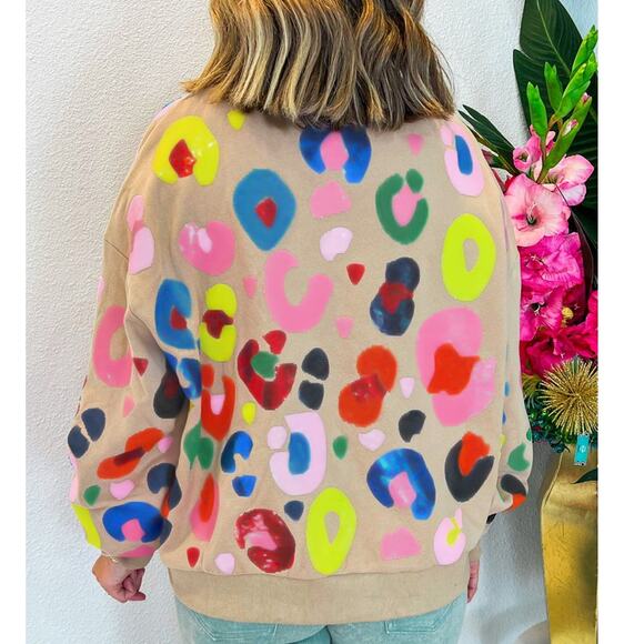 Khaki Multicolor Leopard Printed Drop Shoulder Pullover Sweatshirt Kawaii - Picture 2 of 8